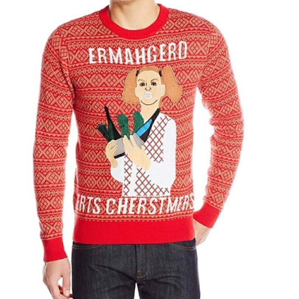 Unisex Ugly Christmas Sweater ERMAHGERD ERTS CHERSTMERS by Alex Stevens - Size M